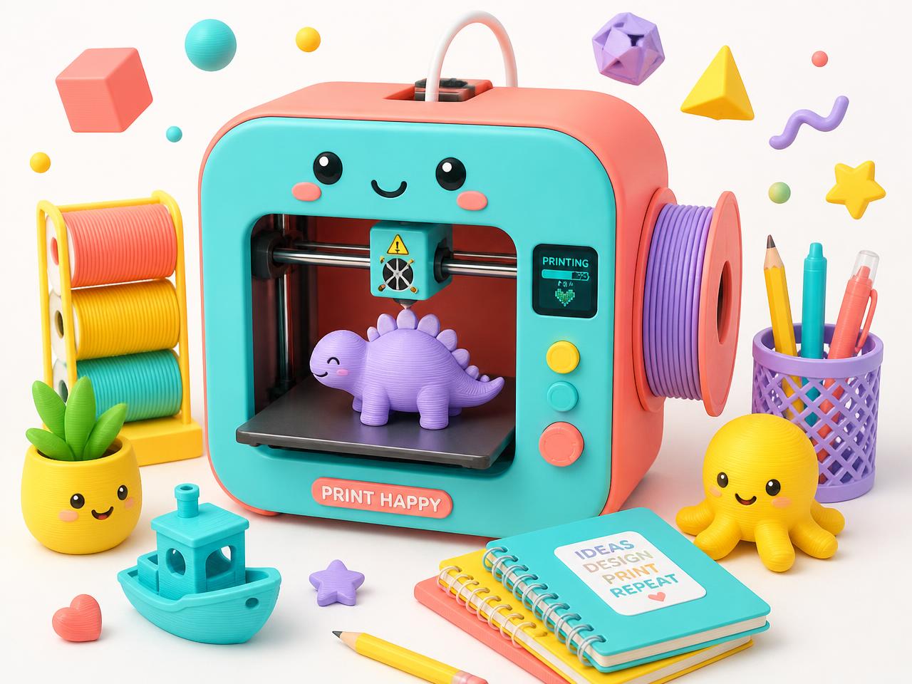 Impressora 3D fofa imprimindo brinquedos coloridos ao lado de cadernos escolares